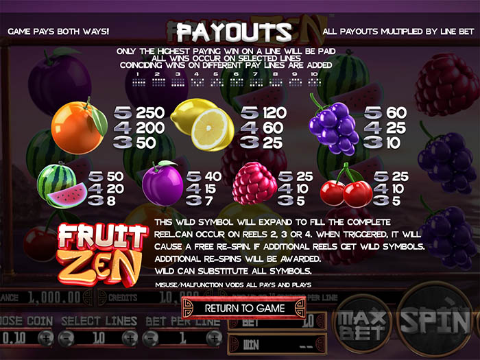 fruit zen paytable